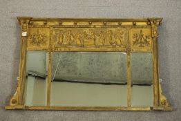 A Regency giltwood triple bevelled plate over mantle mirror with classical figure frieze, inverted