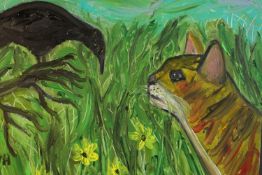 Wolf Howard, acrylic on canvas, 'Cat Looking at Crow'. Monogrammed WH and signed and titled verso.