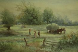 A gilt framed 19th century watercolour of a river landscape with farm workers and horse and haycart,