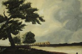 A gold painted oil on board of countryside landscape with lake, signed Castaldo, 1970. H.66 W.90cm.