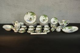 An eight person part Japanese Kutani China eggshell porcelain dinner and tea service, painted with