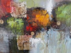 R Mancini (Contemporary), abstract still life study, acrylic on canvas, signed lower right. H.73.5