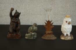 Two carved black forest items, a bear and a Victorian spill vase in the form of a partridge among