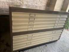 A Bisley two section metal plan chest. H.91 W.136 D.93cm