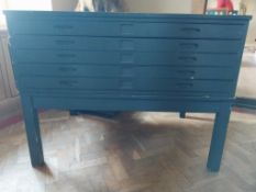 A vintage painted plan chest. H.42 W.122 D.90cm