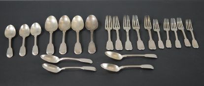 A collection of 21 pieces of Victorian silver cutlery, including four serving spoons, seven small