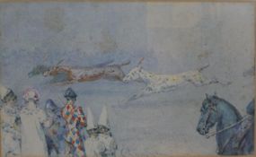 A framed and glazed 19th century watercolour of clowns watching unicorns racing, indistinctly