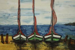 A framed and glazed watercolour of three sailing boats on the beach, indistinctly signed. H.46 W.