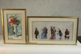 Maria Cortini Viviani, oil on board, still life vase of flowers and a figural study, signed. H.42