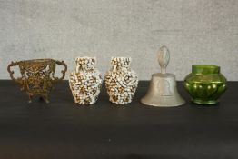 A pair of vintage gold and white cube covered ceramic vases along with a green Art Nouveau Loetz