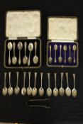 A collection of silver tea spoons, including two cased sets of coffee spoons (CB&S for Cooper