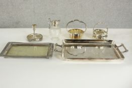A collection of silver plate, including a bamboo engraved Chinese Aesthetic style tray, an