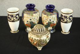 A pair of Japanese Satsuma ware geisha vases and a lidded censer along with a pair of Wedgwood '