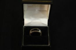 A boxed silver and Blue John modern dress ring, the front with a slice of Blue john on a wide flat