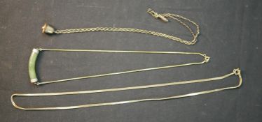 Three 9ct gold chain necklaces, including a 9ct box chain with gilded jade bar pendant, a 9ct gold