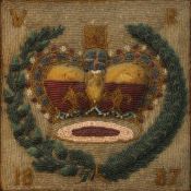 A framed 19th century beaded stump work of a crown within a laurel wreath, VR dated 1882. H.36 W.
