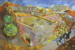 A large gilt framed oil on board, rooftop view of a Cuban town with trees. Monogrammed and