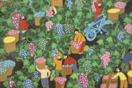 An Eastern framed and glazed acrylic on paper of the grape harvest with harvest workers. Character
