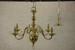 Dutch style brass six electrolier. H.66 Dia.74cm.