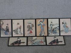 Hosoda Eishi (1756 - 1829), nine framed and glazed 19th century Japanese woodblock prints of geishas