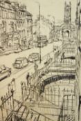A framed and glazed pen and ink sketch of a highstreet scene, indistinctly signed and dated. H.69