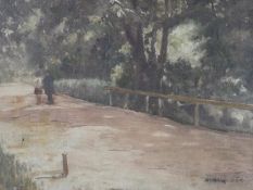 Winkowski (20th century), couple on forest track, oil on canvas, signed and framed. H.48 W.59cm