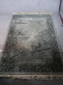 A contemporary Chinese silk grey ground rug with central panel of a farmer and oxen by a river woven