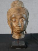 A replica patinated spelter model of a female Buddha head raised on painted wooden base. H.32 W.15