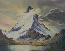 Yautauch (20th century); Snow covered mountain with lake, oil on canvas, signed in a beech frame. H.