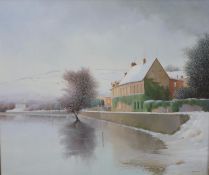 K. B. Hancock (20th century), Snow covered houses by an estuary, acrylic on canvas, signed and