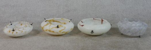 Four Art Deco glass plafonnier hanging lights, with mottled marble inspired decoration. Diam.37cm (