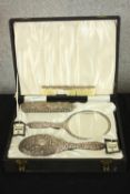 A George VI hallmarked silver Silver vanity set four piece cased vanity set, W I Broadway & Co