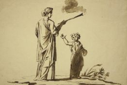 Attributed to George Romney (1734-1802), two people on holding a smoking piper, sepia watercolour on