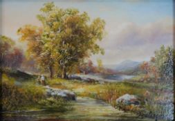 Didier Fortesque (Contemporary), figures on a track by a river, oil on board, gilt framed and