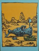 Surrealist School, Coke bottle on its side in a wilderness setting, indistinctly signed, framed.