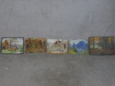 Moberly (20th century), five assorted paintings comprising man loading hay, cottage behind some