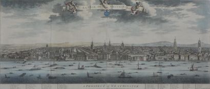 After Johannes 'Jan' Kip, a Prospect of Westminster, coloured print of a panoramic view of London,