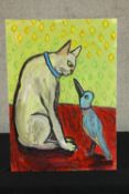 Wolf Howard, Cat and Blue Bird, acrylic on canvas, initialled, titled and dated verso, unframed. H.