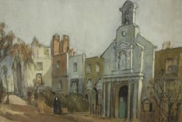 British school, 20th century, Nun outside St. Mary's Catholic Church, Hampstead, London, pastel on