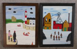Barry Stokes (Contemporary) people looking towards a lighthouse and miners in front of coal mine,