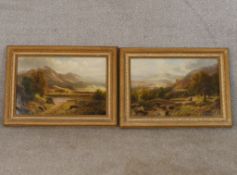 A 19th/early 20th century, rowing boat on mountain lake and lady near a bridge on a track, oil on