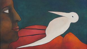Clare Turnbull (Contemporary), lady with a white bird, oil on canvas, unsigned, framed. H.43 W.69cm