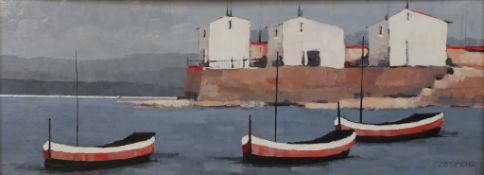 Prospero (20th century), three red and white boats on the sea, oil on board, signed and framed,