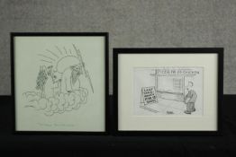 Roger Latham (Contemporary) man standing outside a takeaway, a black ink cartoon, signed framed