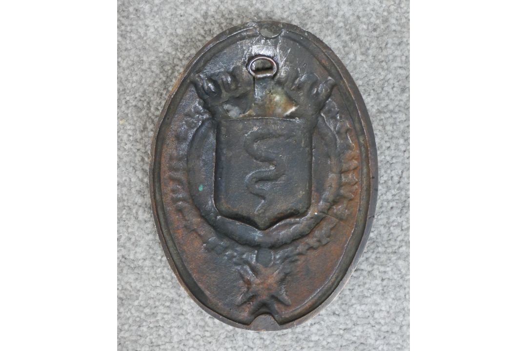 A 19th century cast bronze oval heraldic wall hanging plaque depicting a serpent in a shield under a - Image 2 of 3