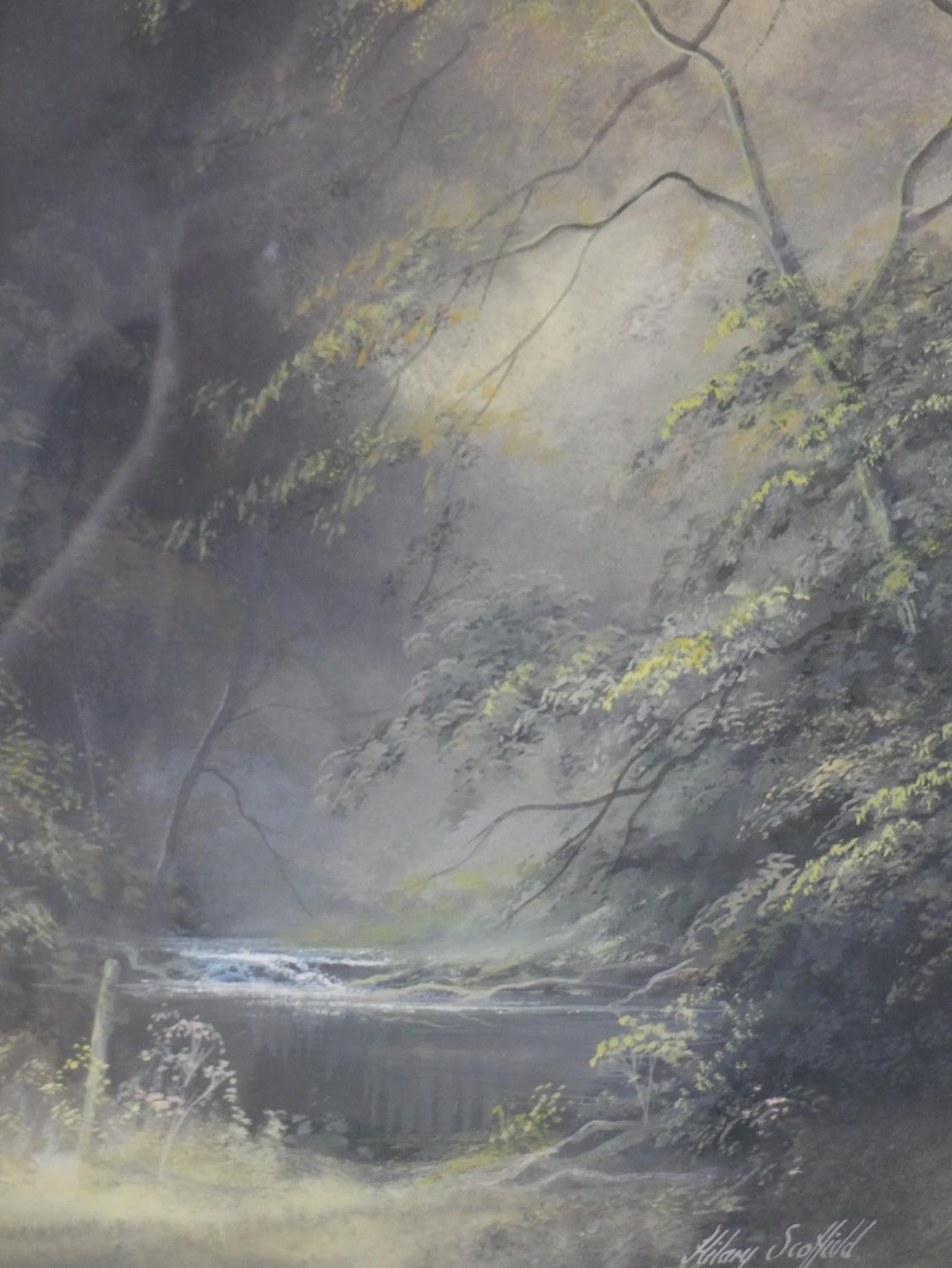 Hilary Scoffield (b.1958, British), tree covered river, watercolour on paper, signed and framed, a - Image 3 of 6