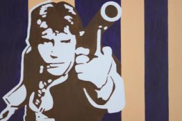 A 20th century, Harrison Ford as Hans Solo, oil on canvas, unsigned and unframed. H.62 W.92cm.