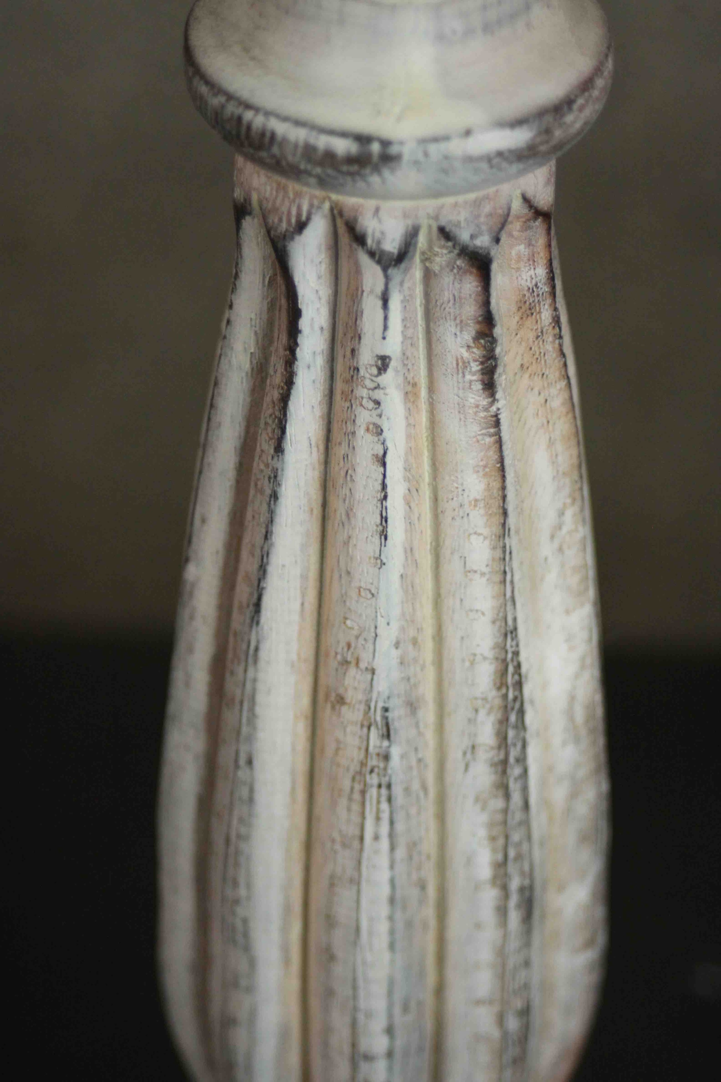 A pair of painted and distressed wood pricket candlesticks, turned and reeded. H.44 Dia.13cm. - Image 4 of 4