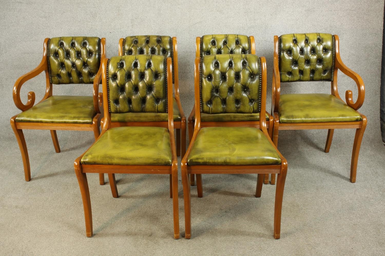 A set of six Yew wood Regency style button/quilted backed dining chairs comprised of four singles - Image 2 of 13