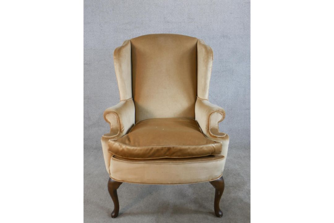 A 19th century mahogany framed chair, upholstered in brown Dralon fabric, raised on cabriole - Image 1 of 4